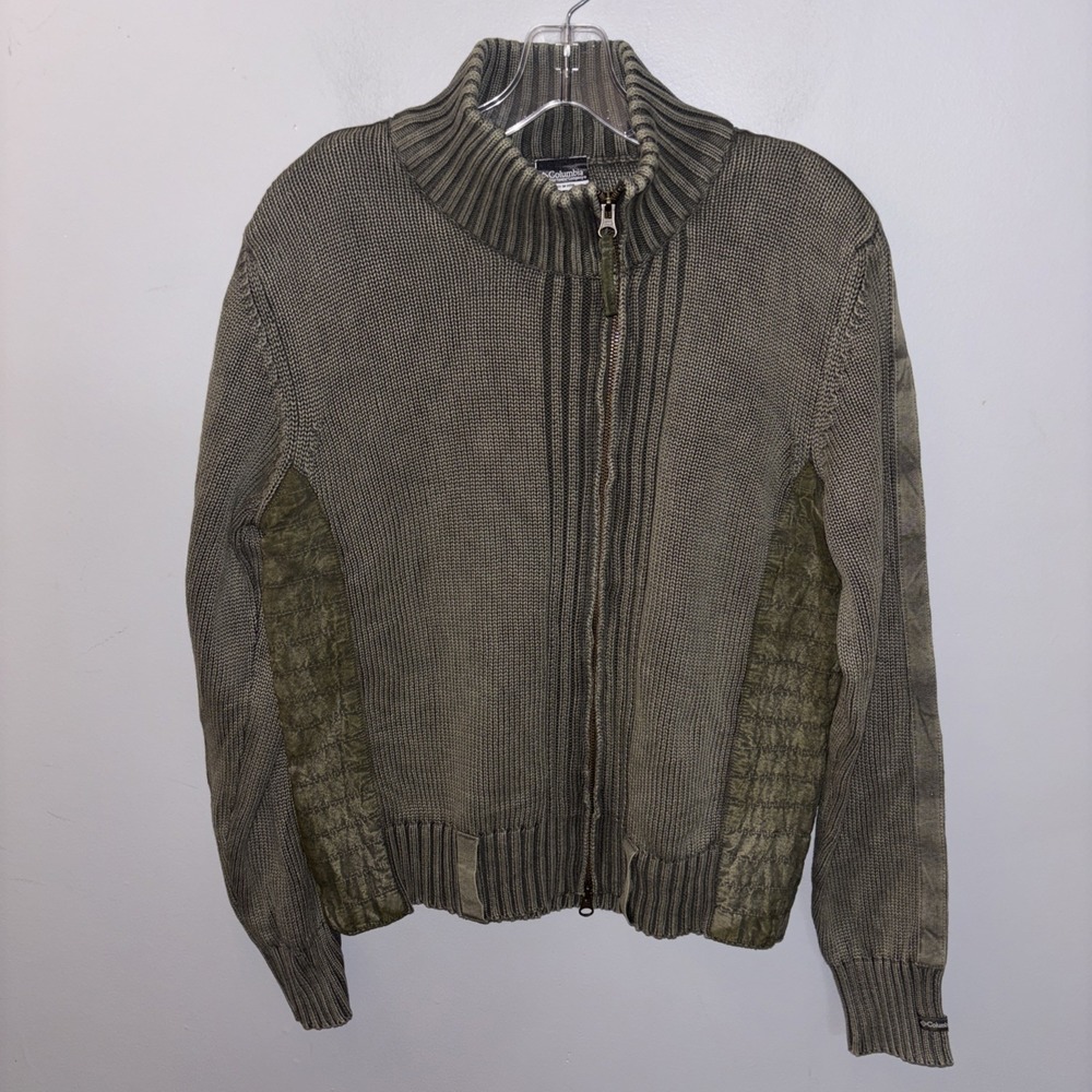 Columbia Olive Green Ribbed Zip Up Knit Cardigan Military Y2K Grunge Size M